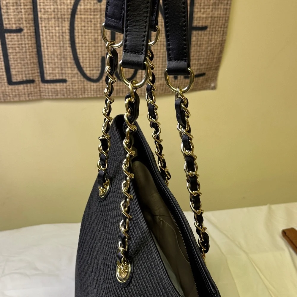 Talbots Black Woven Chain Strap‎ Tote Bag Gold Hardware